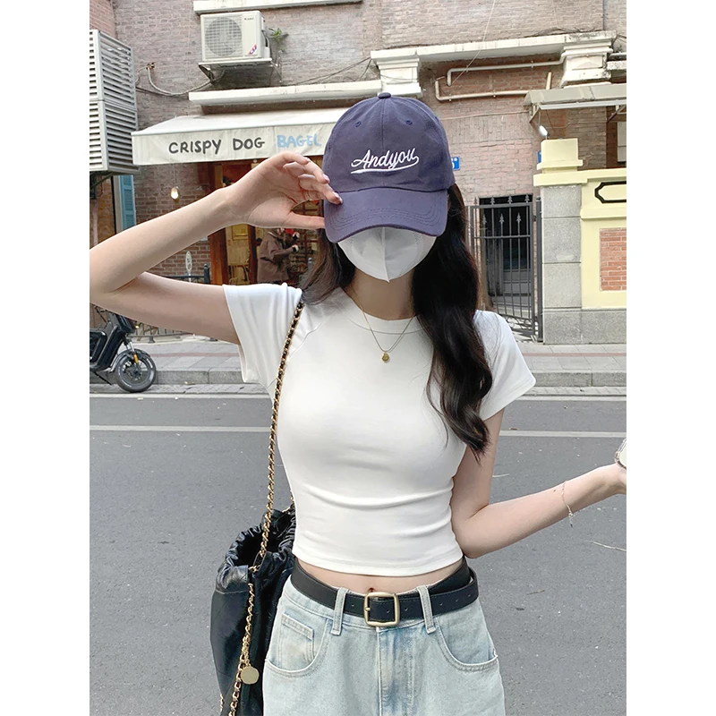AOSSVIAO 2026 Sexy O Neck Slim T Shirt Women Cotton Elastic Basic Solid Female Casual Korean Tops Short Sleeve Thin T-shirts