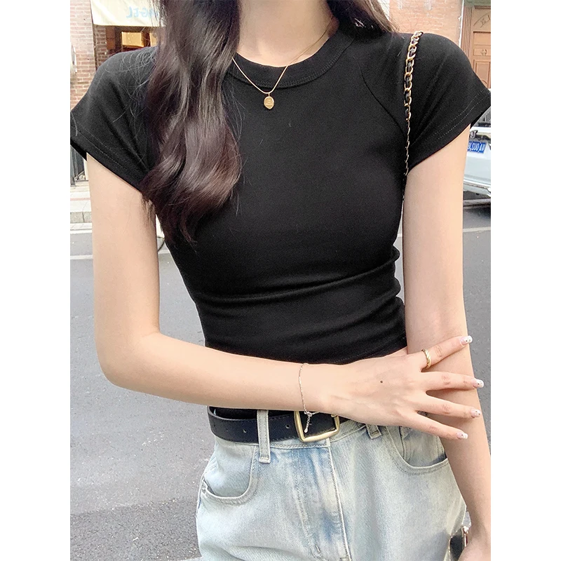 AOSSVIAO 2026 Sexy O Neck Slim T Shirt Women Cotton Elastic Basic Solid Female Casual Korean Tops Short Sleeve Thin T-shirts