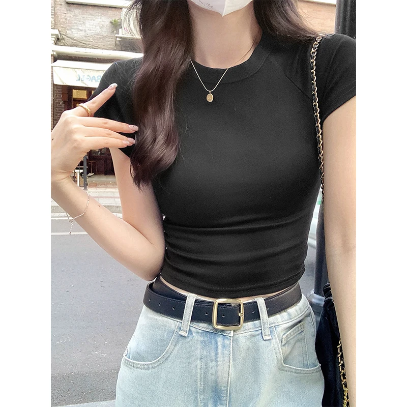 AOSSVIAO 2026 Sexy O Neck Slim T Shirt Women Cotton Elastic Basic Solid Female Casual Korean Tops Short Sleeve Thin T-shirts
