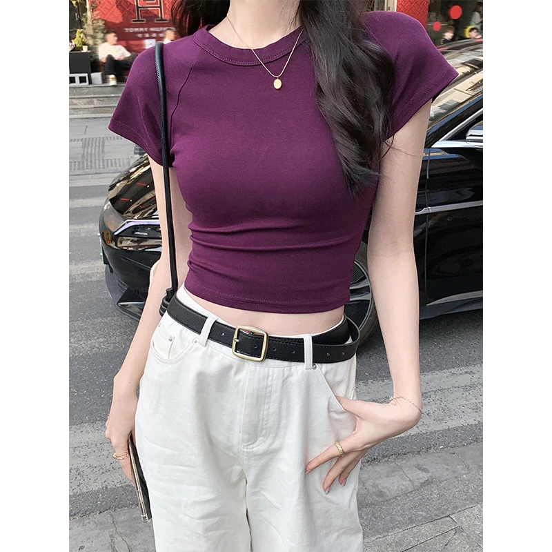 AOSSVIAO 2026 Sexy O Neck Slim T Shirt Women Cotton Elastic Basic Solid Female Casual Korean Tops Short Sleeve Thin T-shirts
