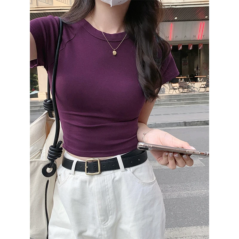 AOSSVIAO 2026 Sexy O Neck Slim T Shirt Women Cotton Elastic Basic Solid Female Casual Korean Tops Short Sleeve Thin T-shirts