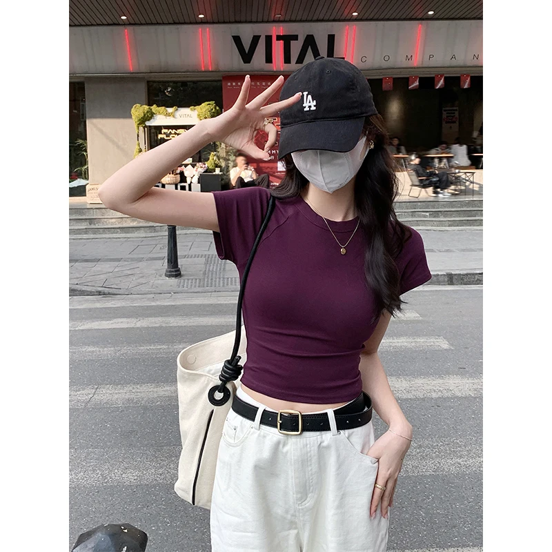 AOSSVIAO 2026 Sexy O Neck Slim T Shirt Women Cotton Elastic Basic Solid Female Casual Korean Tops Short Sleeve Thin T-shirts