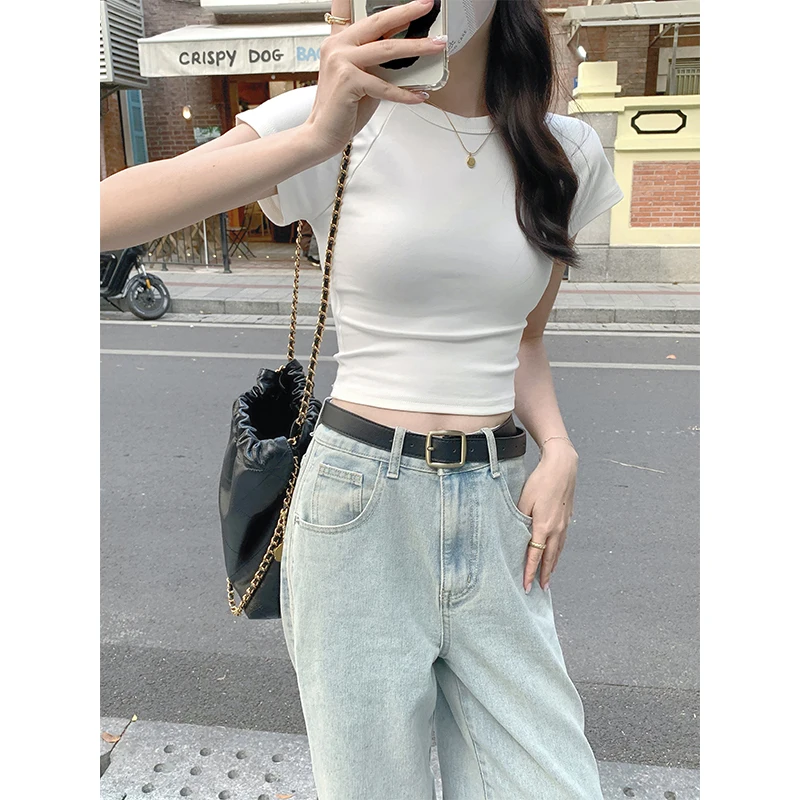 AOSSVIAO 2026 Sexy O Neck Slim T Shirt Women Cotton Elastic Basic Solid Female Casual Korean Tops Short Sleeve Thin T-shirts