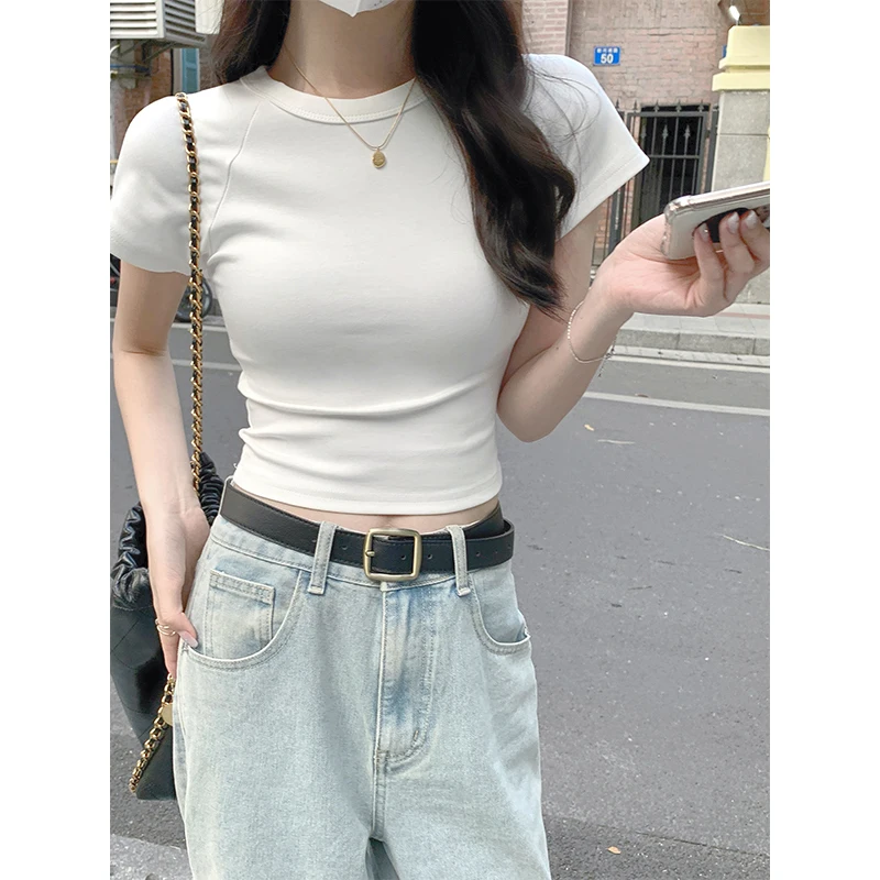 AOSSVIAO 2026 Sexy O Neck Slim T Shirt Women Cotton Elastic Basic Solid Female Casual Korean Tops Short Sleeve Thin T-shirts