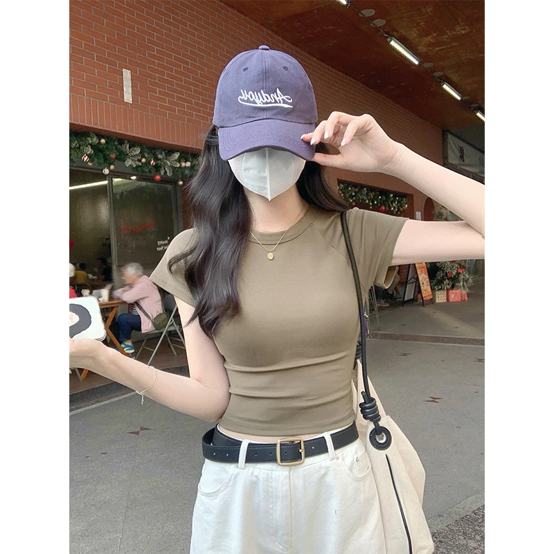 AOSSVIAO 2026 Sexy O Neck Slim T Shirt Women Cotton Elastic Basic Solid Female Casual Korean Tops Short Sleeve Thin T-shirts