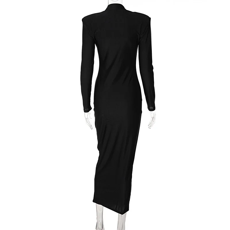 Shoulder Padded Long Sleeve Bodycon Green Party Club Maxi Long Dress Spring Autumn Women Fashion Elegant Clothes