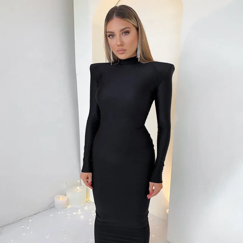 Shoulder Padded Long Sleeve Bodycon Green Party Club Maxi Long Dress Spring Autumn Women Fashion Elegant Clothes