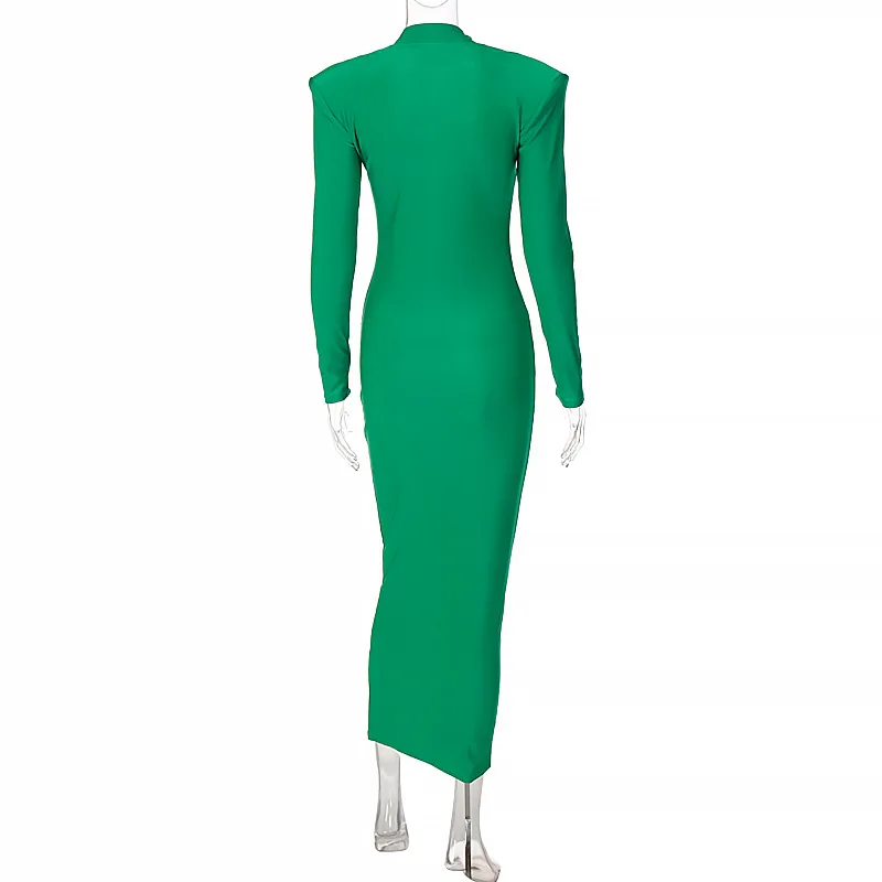Shoulder Padded Long Sleeve Bodycon Green Party Club Maxi Long Dress Spring Autumn Women Fashion Elegant Clothes