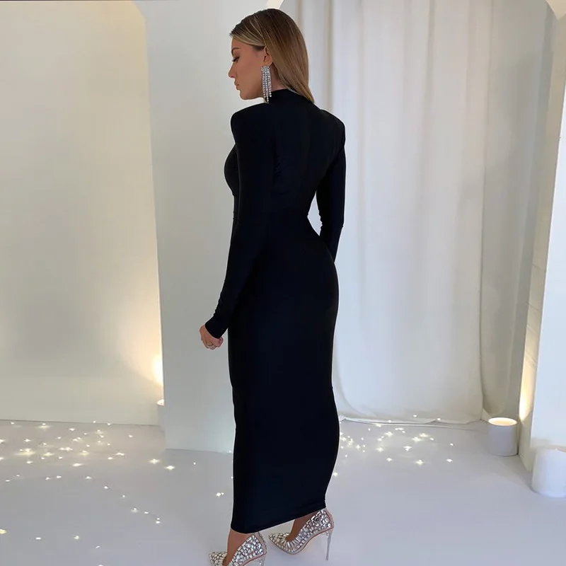 Shoulder Padded Long Sleeve Bodycon Green Party Club Maxi Long Dress Spring Autumn Women Fashion Elegant Clothes