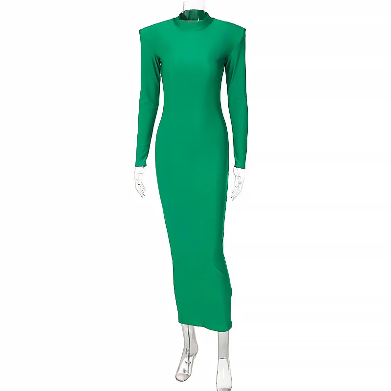 Shoulder Padded Long Sleeve Bodycon Green Party Club Maxi Long Dress Spring Autumn Women Fashion Elegant Clothes