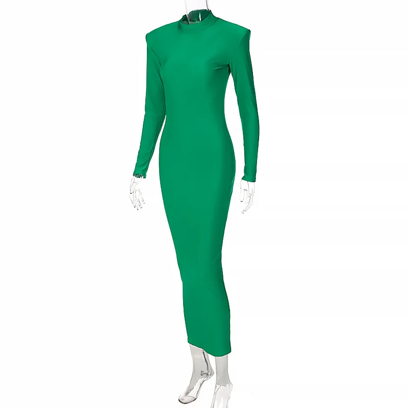 Shoulder Padded Long Sleeve Bodycon Green Party Club Maxi Long Dress Spring Autumn Women Fashion Elegant Clothes