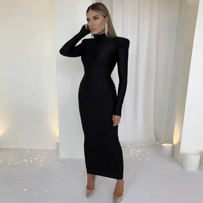 Shoulder Padded Long Sleeve Bodycon Green Party Club Maxi Long Dress Spring Autumn Women Fashion Elegant Clothes