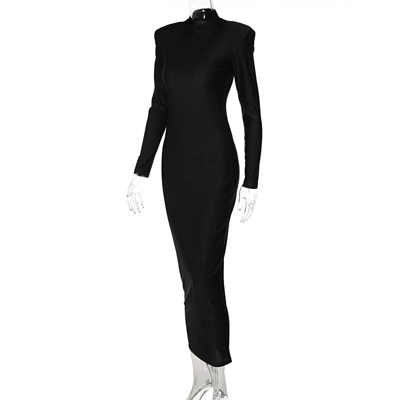 Shoulder Padded Long Sleeve Bodycon Green Party Club Maxi Long Dress Spring Autumn Women Fashion Elegant Clothes