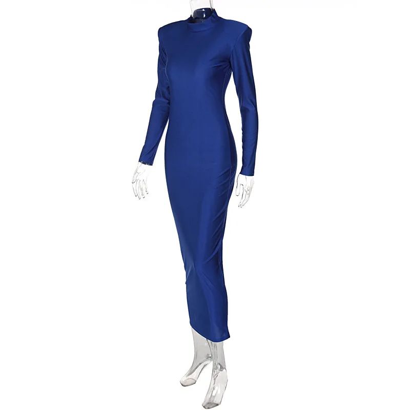 Shoulder Padded Long Sleeve Bodycon Green Party Club Maxi Long Dress Spring Autumn Women Fashion Elegant Clothes