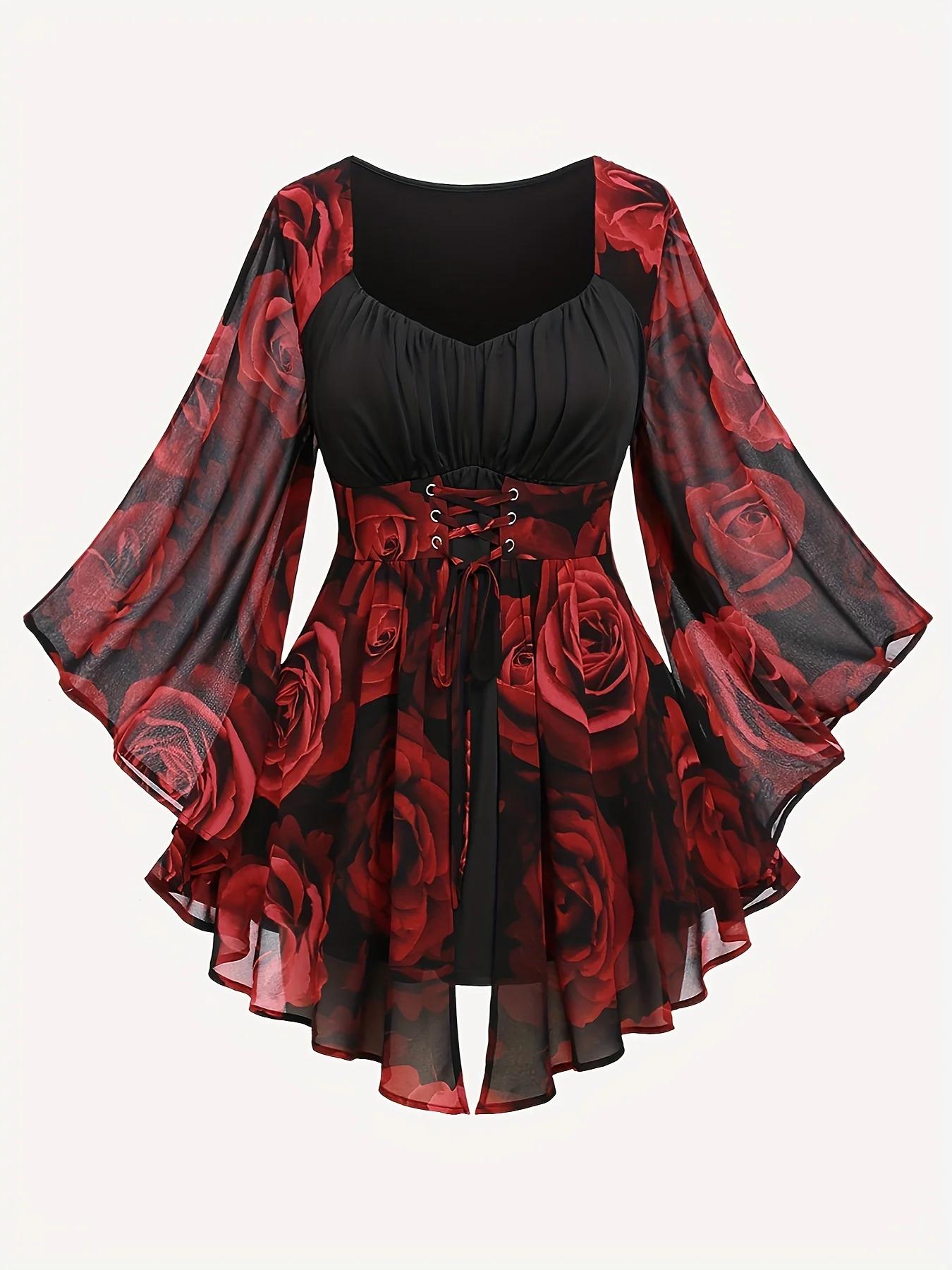 Popular European and American Spring and Autumn New Large-Size Women's Clothing with Rose Print, Drawstring, Irregular Bat Sleev