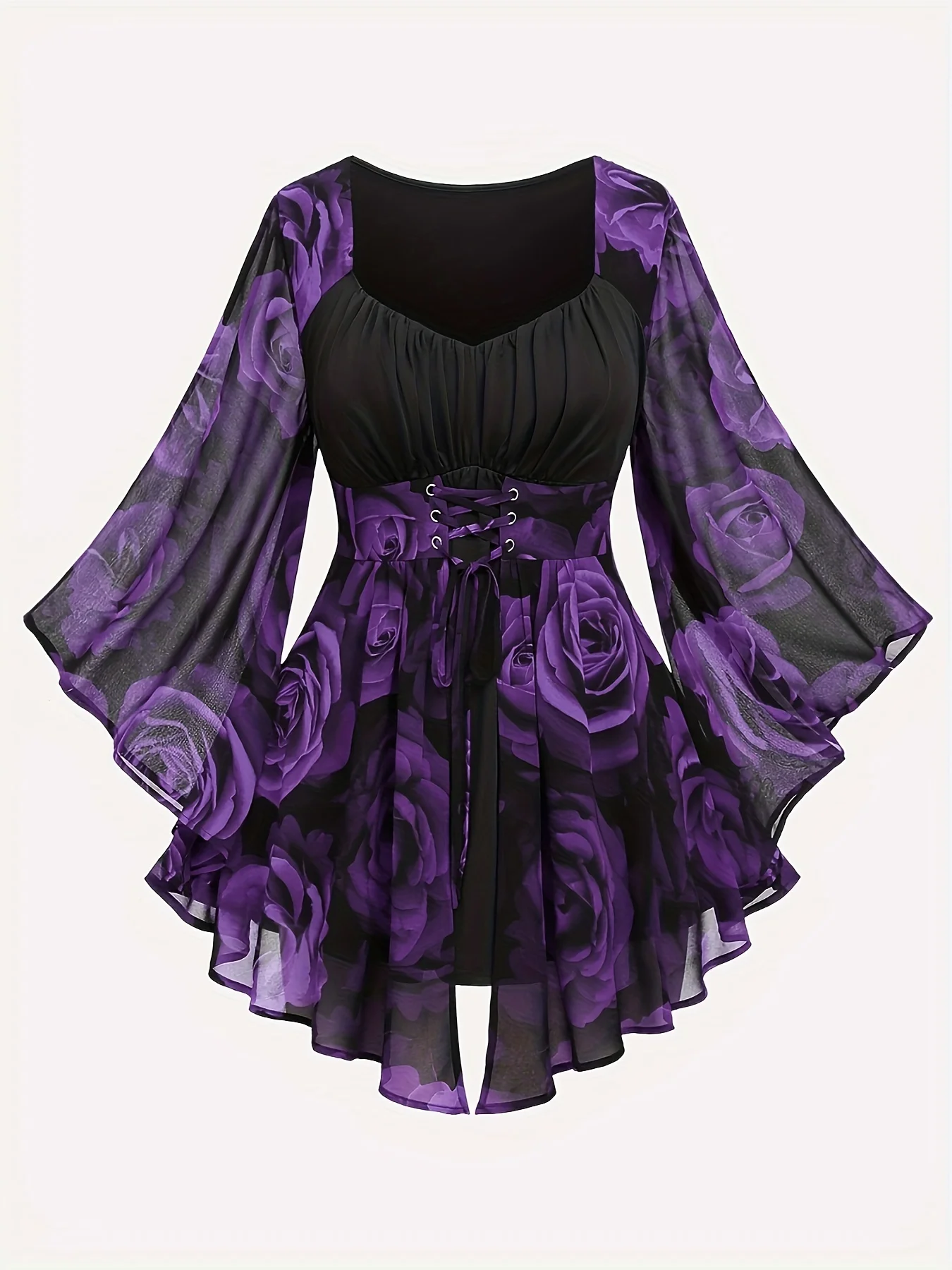 Popular European and American Spring and Autumn New Large-Size Women's Clothing with Rose Print, Drawstring, Irregular Bat Sleev
