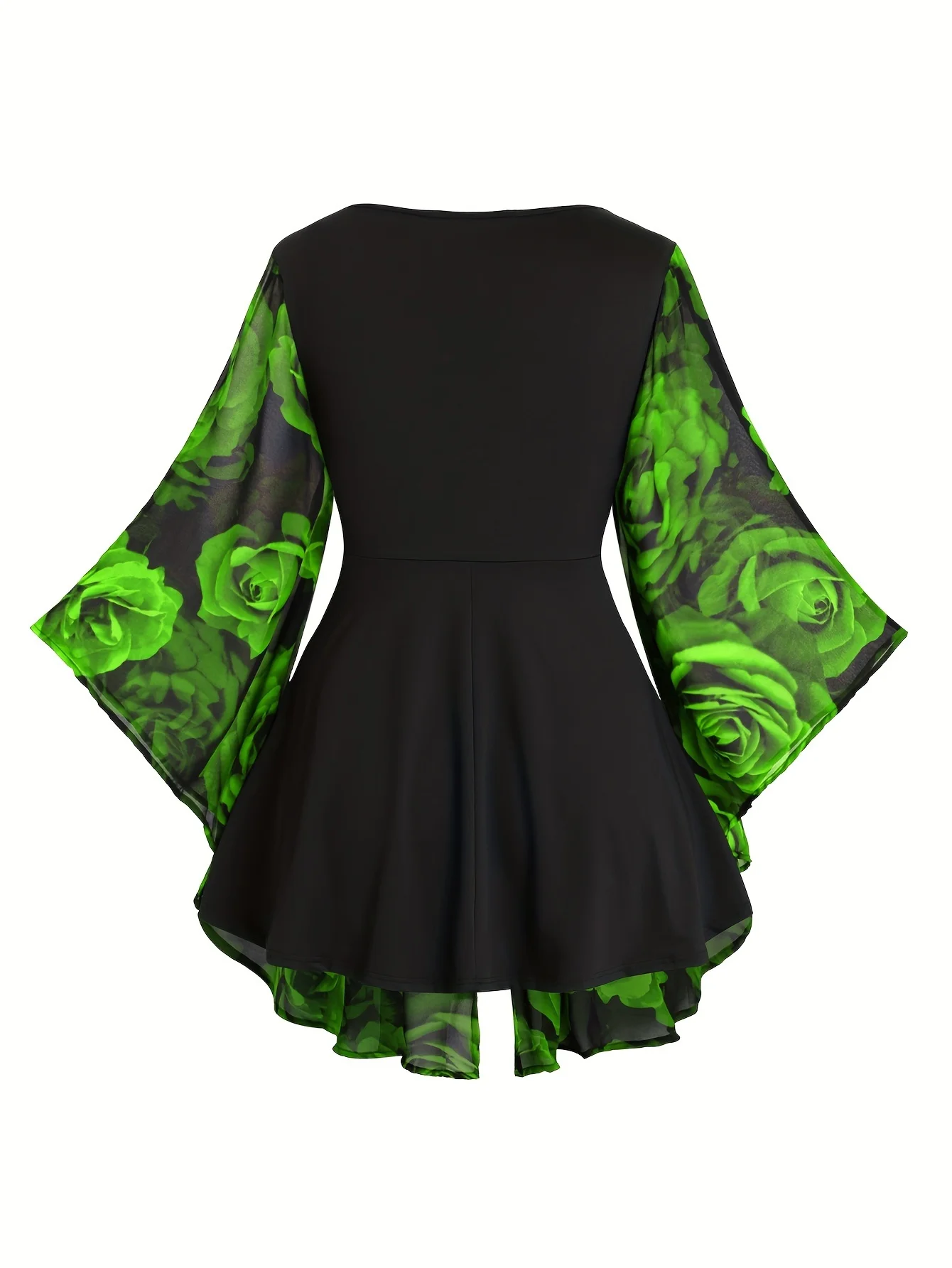 Popular European and American Spring and Autumn New Large-Size Women's Clothing with Rose Print, Drawstring, Irregular Bat Sleev
