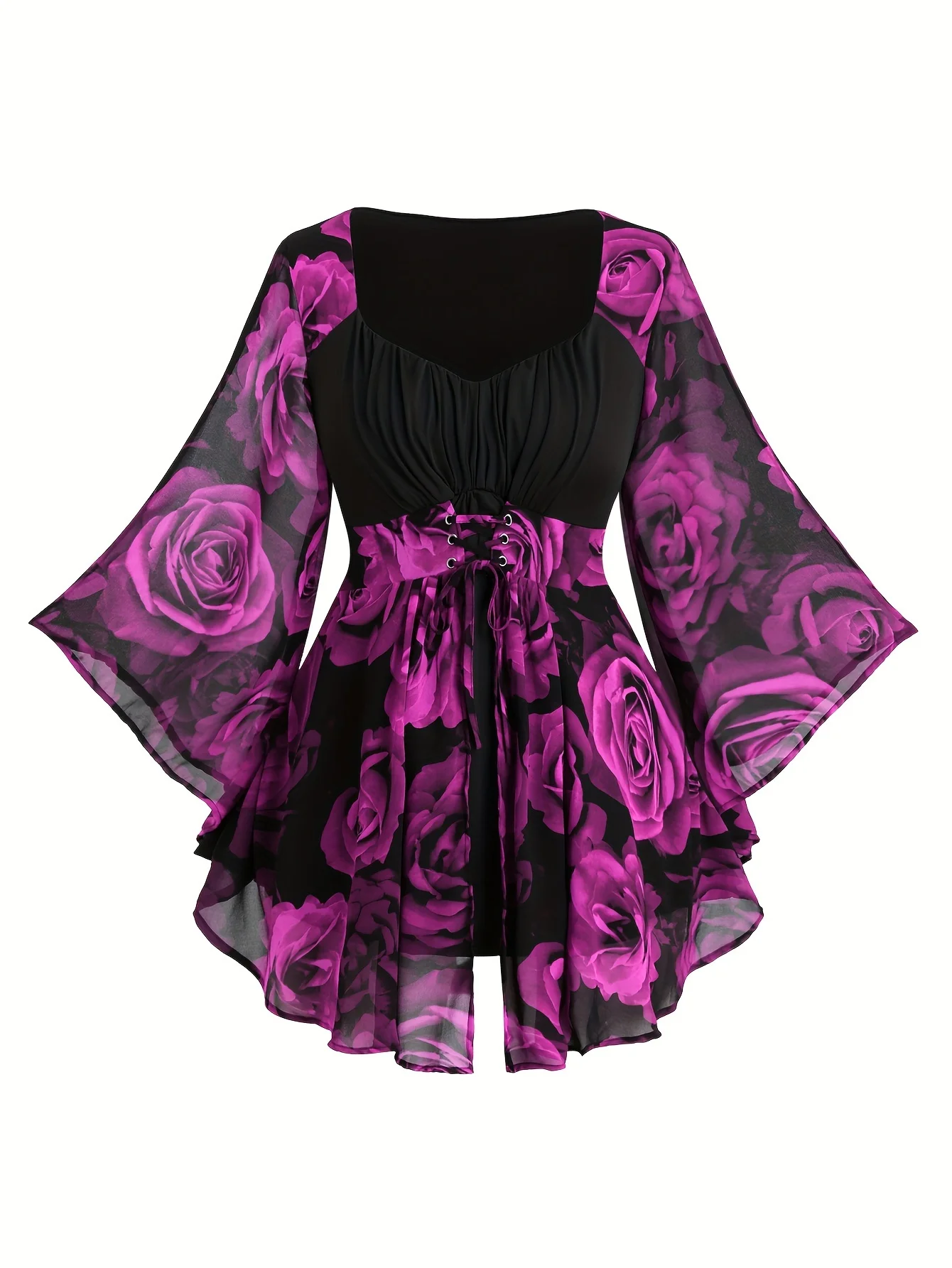 Popular European and American Spring and Autumn New Large-Size Women's Clothing with Rose Print, Drawstring, Irregular Bat Sleev