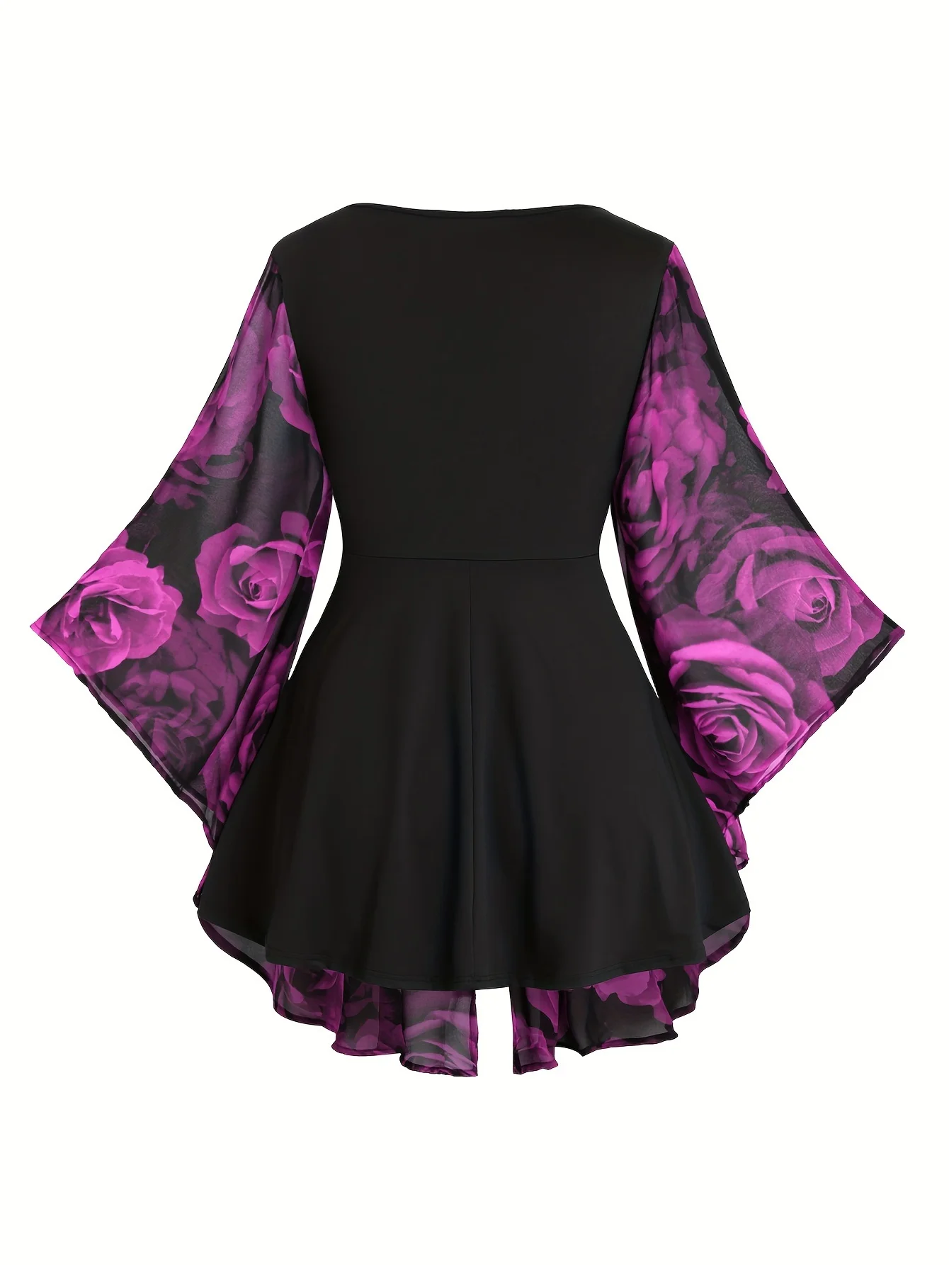 Popular European and American Spring and Autumn New Large-Size Women's Clothing with Rose Print, Drawstring, Irregular Bat Sleev
