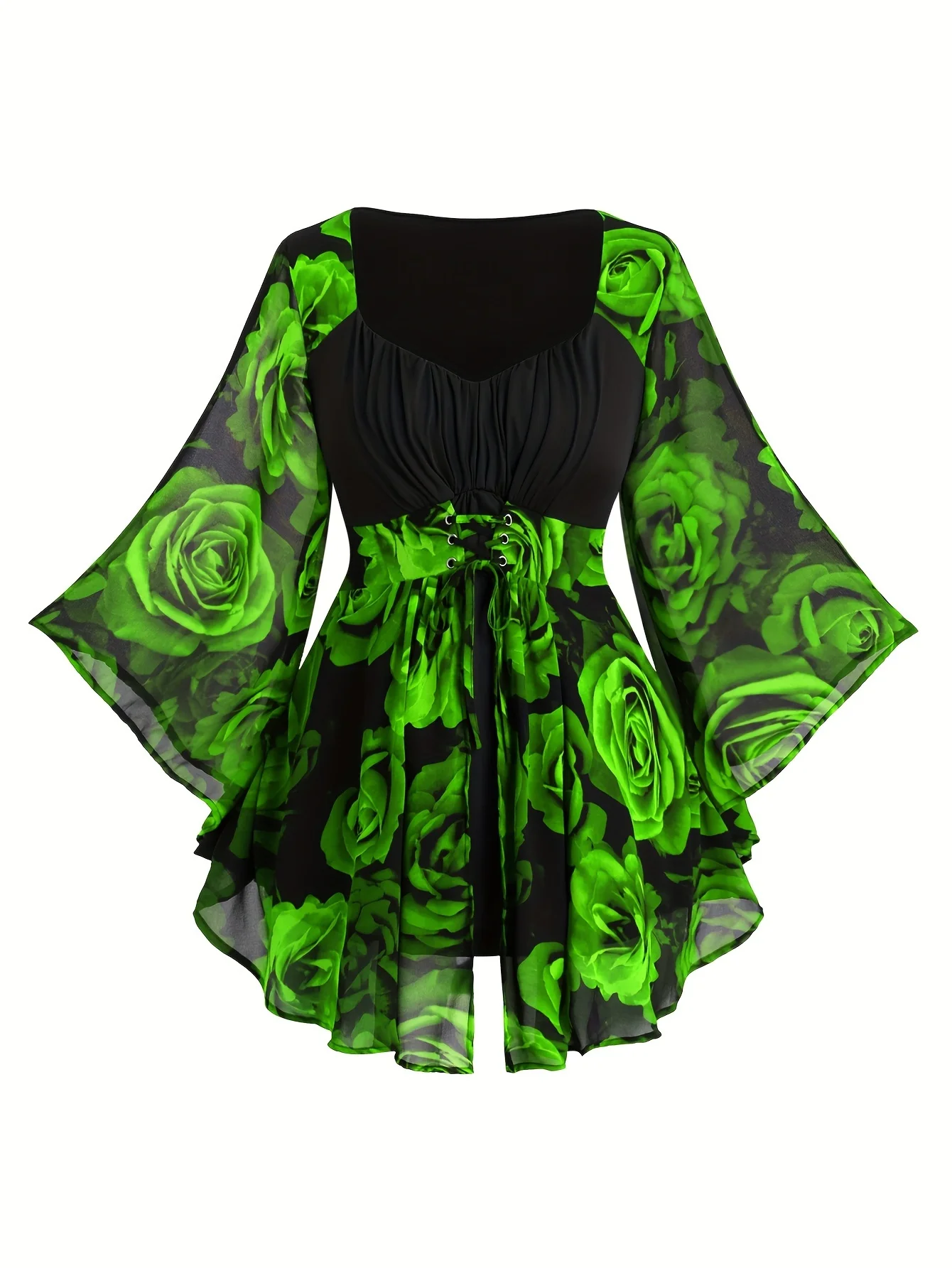 Popular European and American Spring and Autumn New Large-Size Women's Clothing with Rose Print, Drawstring, Irregular Bat Sleev