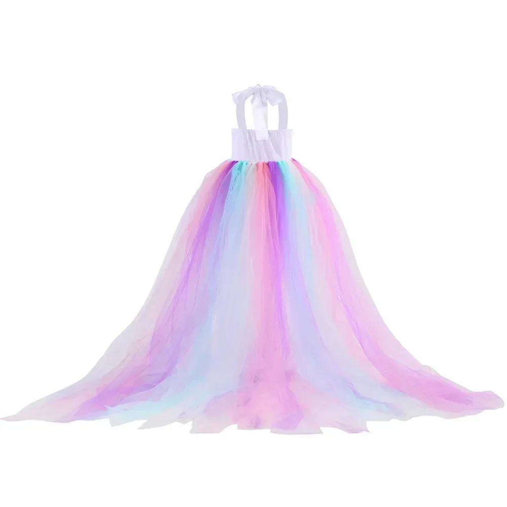 Kids Long Tail Unicorn Dress with LED Lights Girls Birthday Party Dress Princess Carnival Costume Hairband Pastel Rainbow Gown
