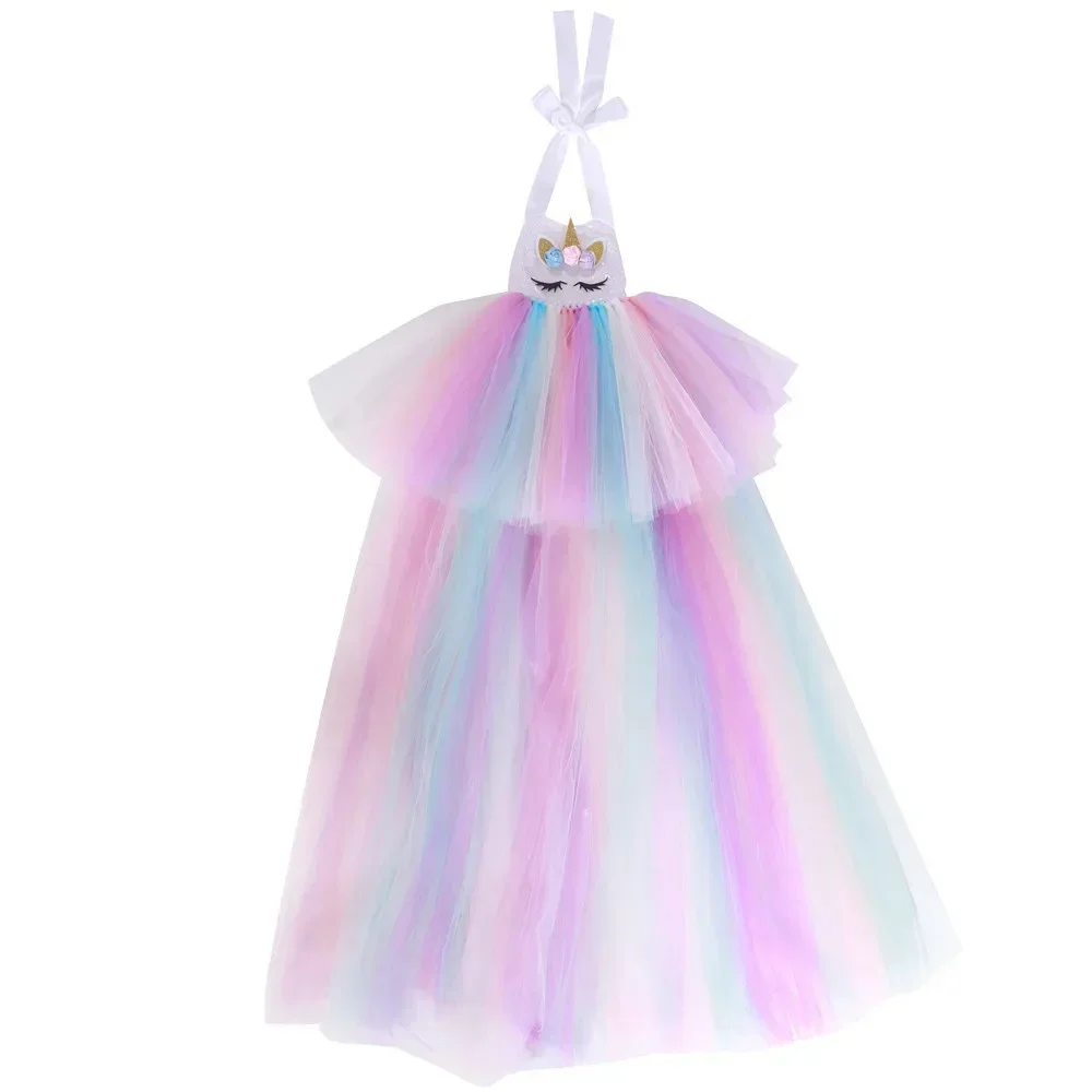 Kids Long Tail Unicorn Dress with LED Lights Girls Birthday Party Dress Princess Carnival Costume Hairband Pastel Rainbow Gown