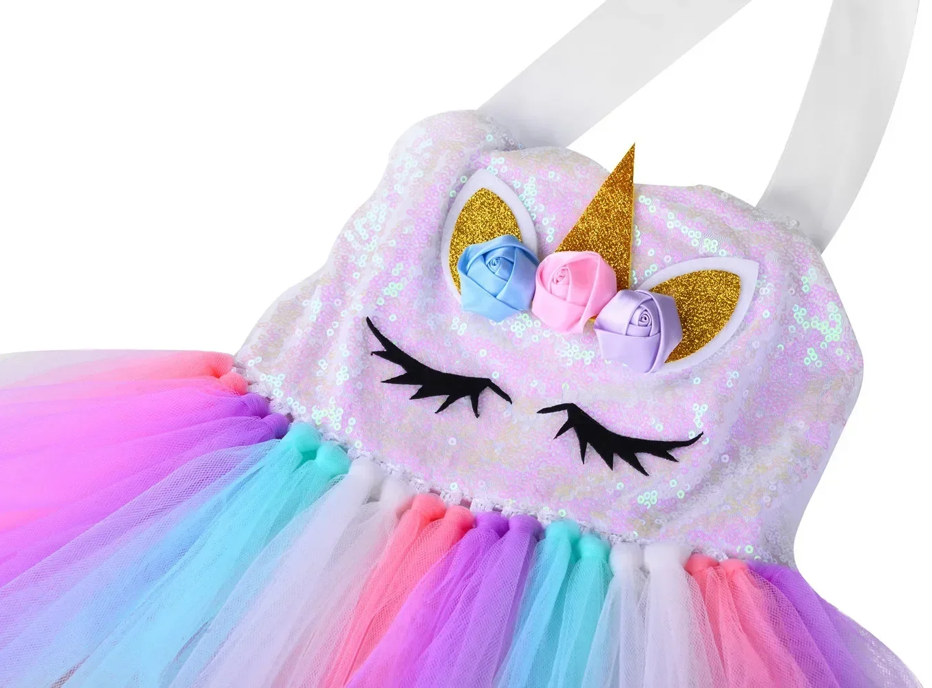 Kids Long Tail Unicorn Dress with LED Lights Girls Birthday Party Dress Princess Carnival Costume Hairband Pastel Rainbow Gown