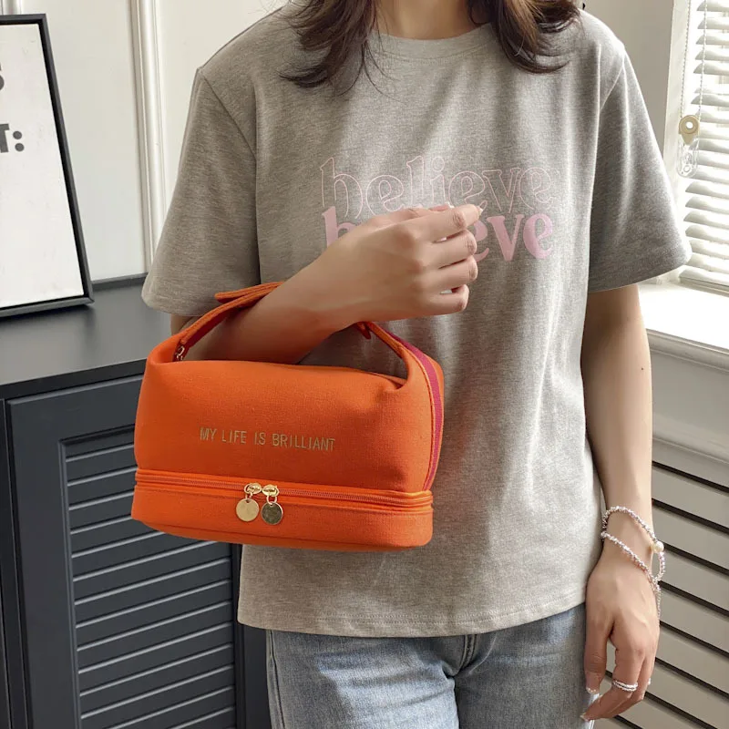 Ins Double Layer Waterproof Cosmetic Bag Fashion Women Large Capacity Portable Canvas Travel Organizer Makeup Storage Tote Bag