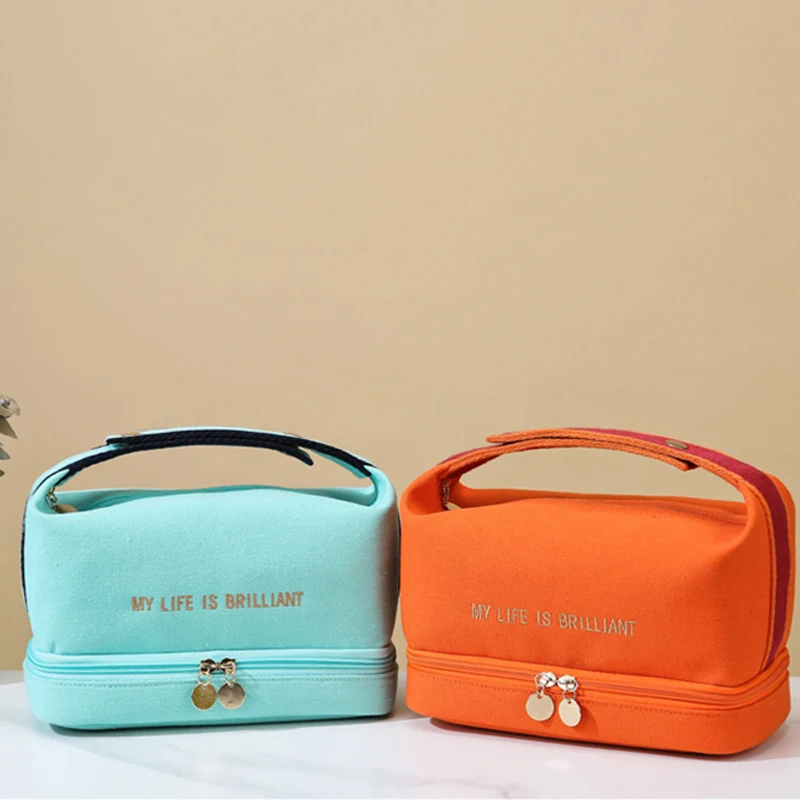 Ins Double Layer Waterproof Cosmetic Bag Fashion Women Large Capacity Portable Canvas Travel Organizer Makeup Storage Tote Bag