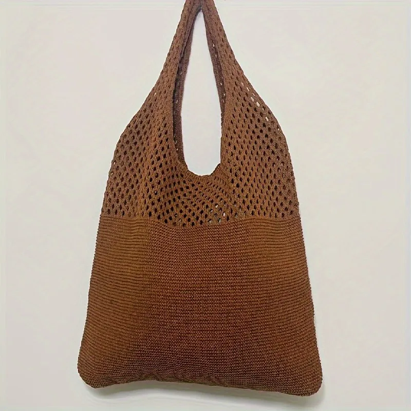 Aesthetic Hollow Out Crochet Bag, Large Capacity Shoulder Bag, Simple Knitted Tote Bag For Women