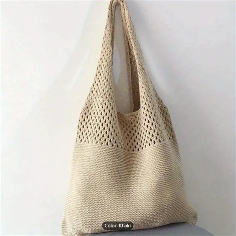 Aesthetic Hollow Out Crochet Bag, Large Capacity Shoulder Bag, Simple Knitted Tote Bag For Women