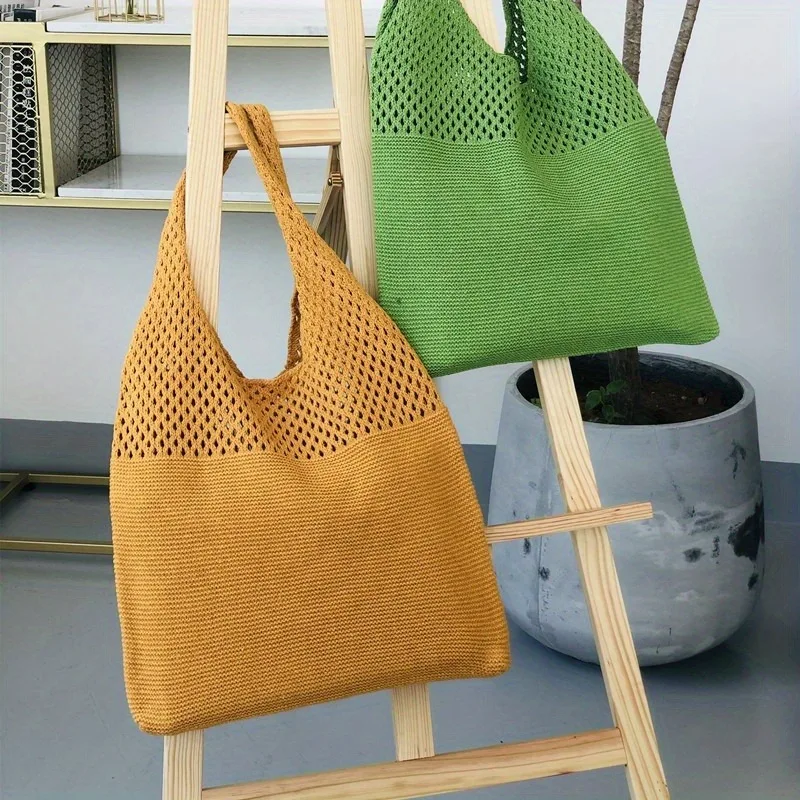 Aesthetic Hollow Out Crochet Bag, Large Capacity Shoulder Bag, Simple Knitted Tote Bag For Women