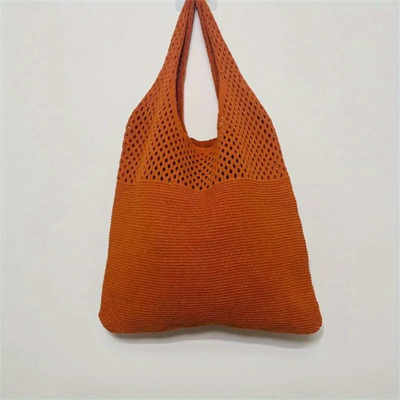 Aesthetic Hollow Out Crochet Bag, Large Capacity Shoulder Bag, Simple Knitted Tote Bag For Women