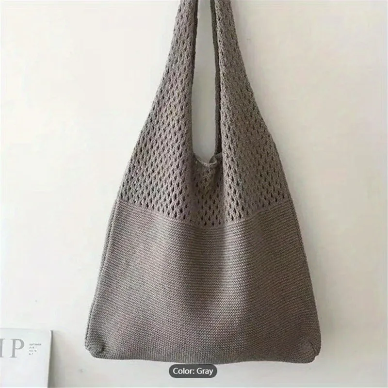 Aesthetic Hollow Out Crochet Bag, Large Capacity Shoulder Bag, Simple Knitted Tote Bag For Women