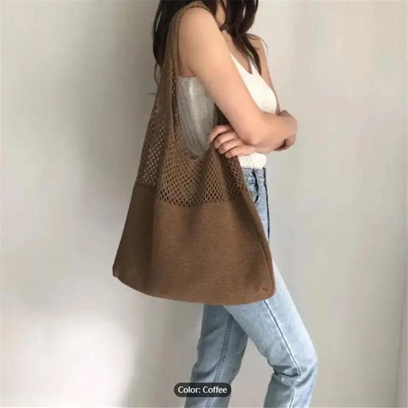 Aesthetic Hollow Out Crochet Bag, Large Capacity Shoulder Bag, Simple Knitted Tote Bag For Women