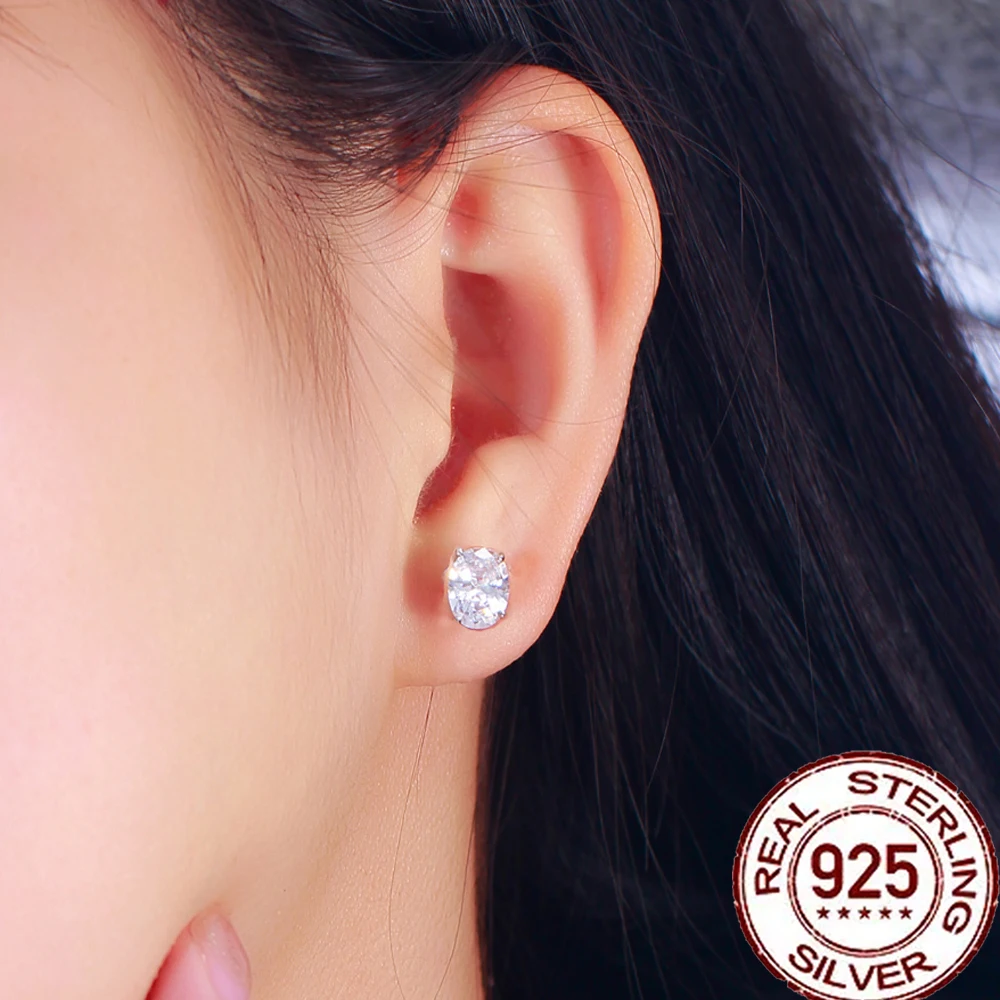 CWWZircons S925 Sterling Silver Brilliant Oval Shaped Cubic Zircon Stud Earring for Women Girl Party Wedding Jewelry Gift SE070