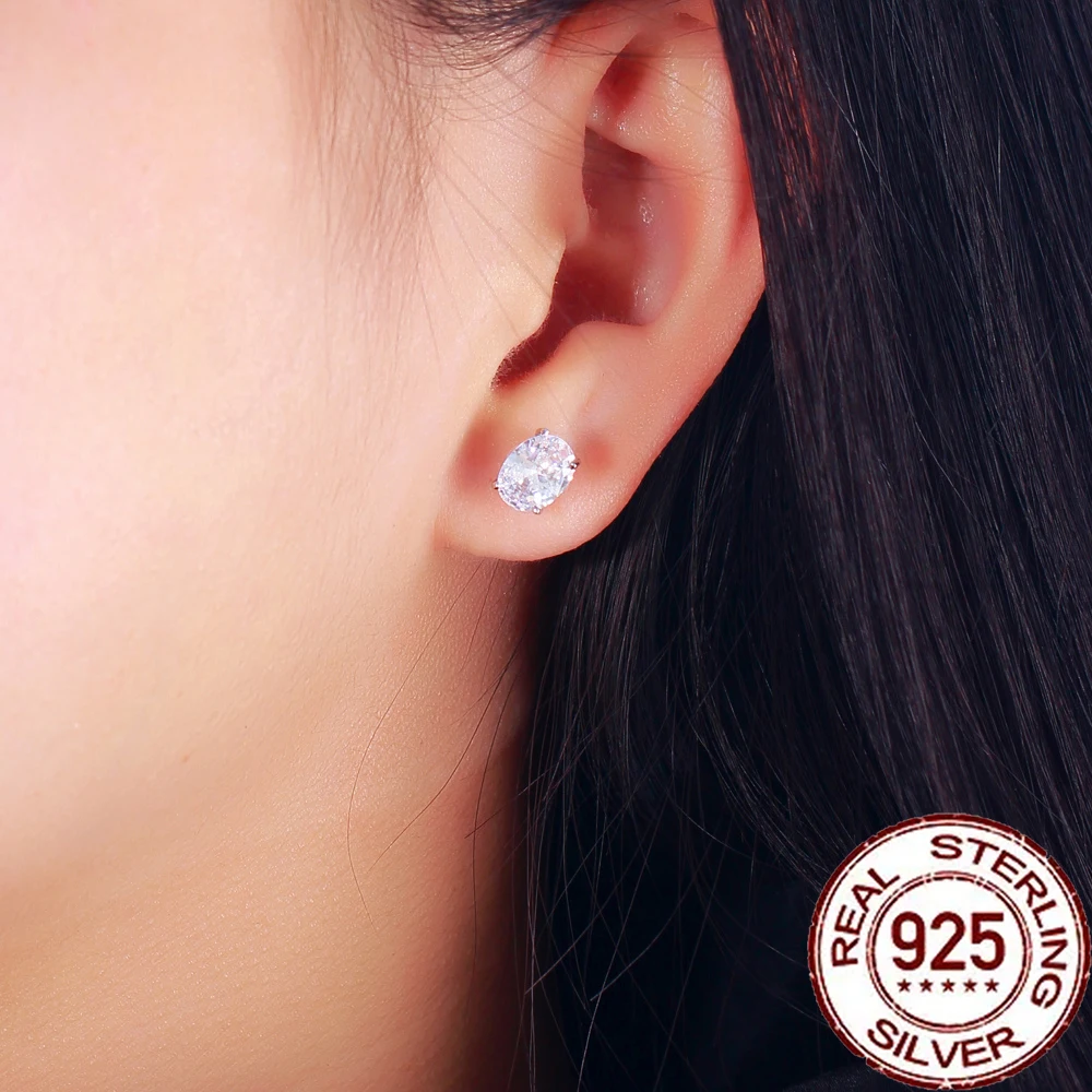 CWWZircons S925 Sterling Silver Brilliant Oval Shaped Cubic Zircon Stud Earring for Women Girl Party Wedding Jewelry Gift SE070