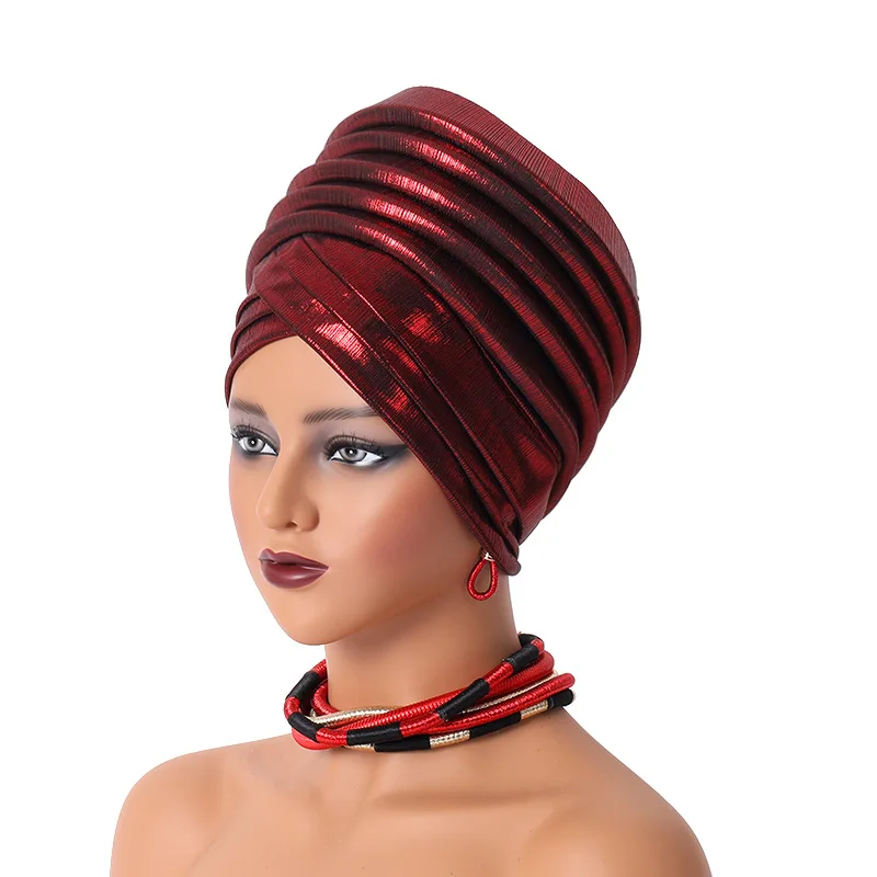 African Women's Auto Gele Headtie Nigeria Lady Pleated Head Wraps Muslim Headscarf Bonnet Turbante Mujer