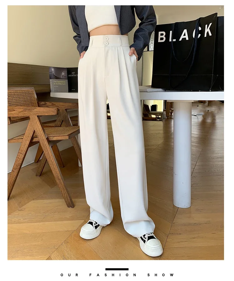 Spring Summer White High Waist Suit Wide Leg Women's Pants Female 2026 New Buttons Elegant Minimalism Straight Loose Trousers