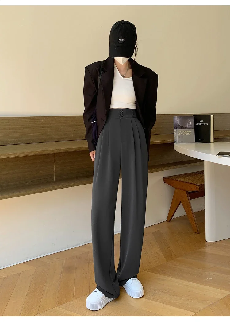 Spring Summer White High Waist Suit Wide Leg Women's Pants Female 2026 New Buttons Elegant Minimalism Straight Loose Trousers