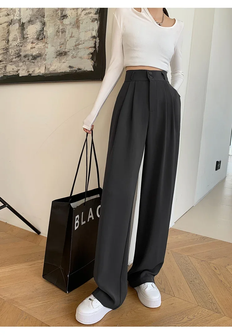 Spring Summer White High Waist Suit Wide Leg Women's Pants Female 2026 New Buttons Elegant Minimalism Straight Loose Trousers
