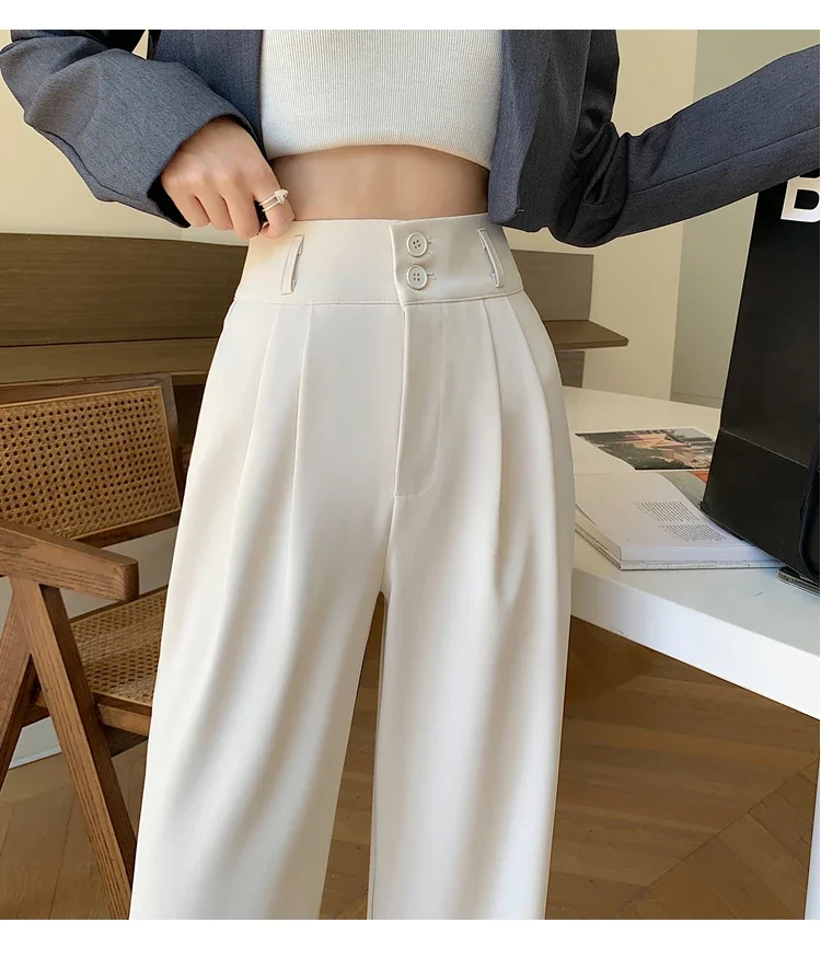 Spring Summer White High Waist Suit Wide Leg Women's Pants Female 2026 New Buttons Elegant Minimalism Straight Loose Trousers