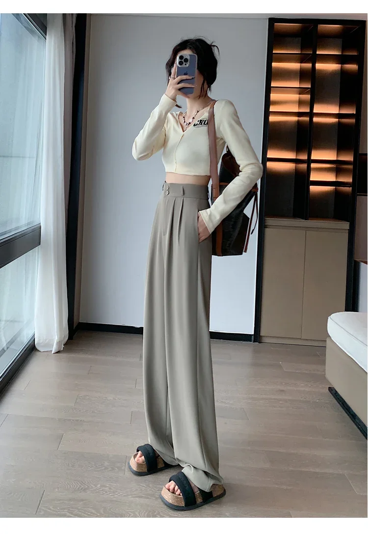 Spring Summer White High Waist Suit Wide Leg Women's Pants Female 2026 New Buttons Elegant Minimalism Straight Loose Trousers