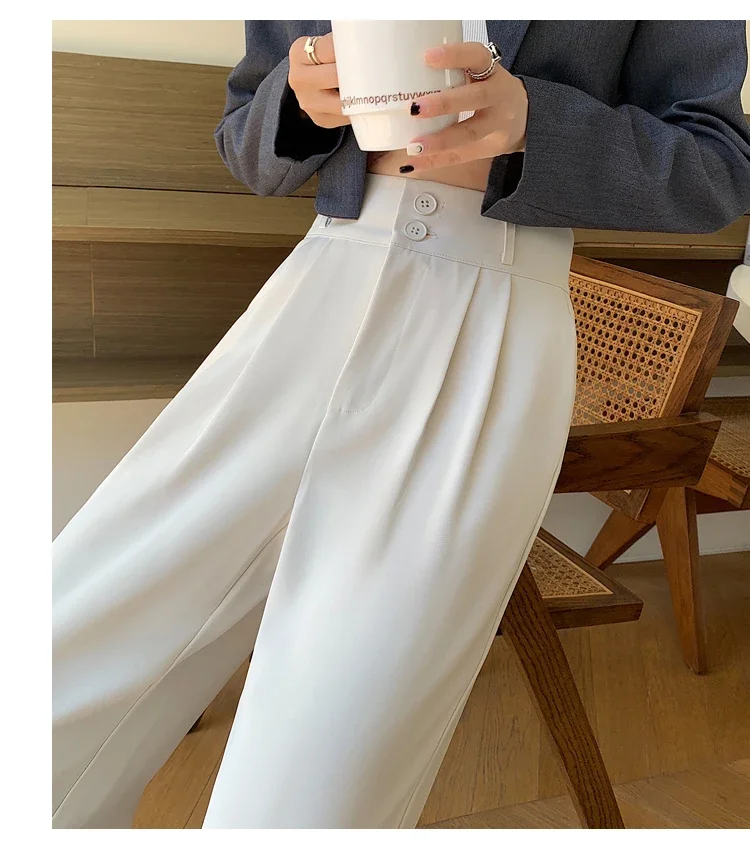 Spring Summer White High Waist Suit Wide Leg Women's Pants Female 2026 New Buttons Elegant Minimalism Straight Loose Trousers