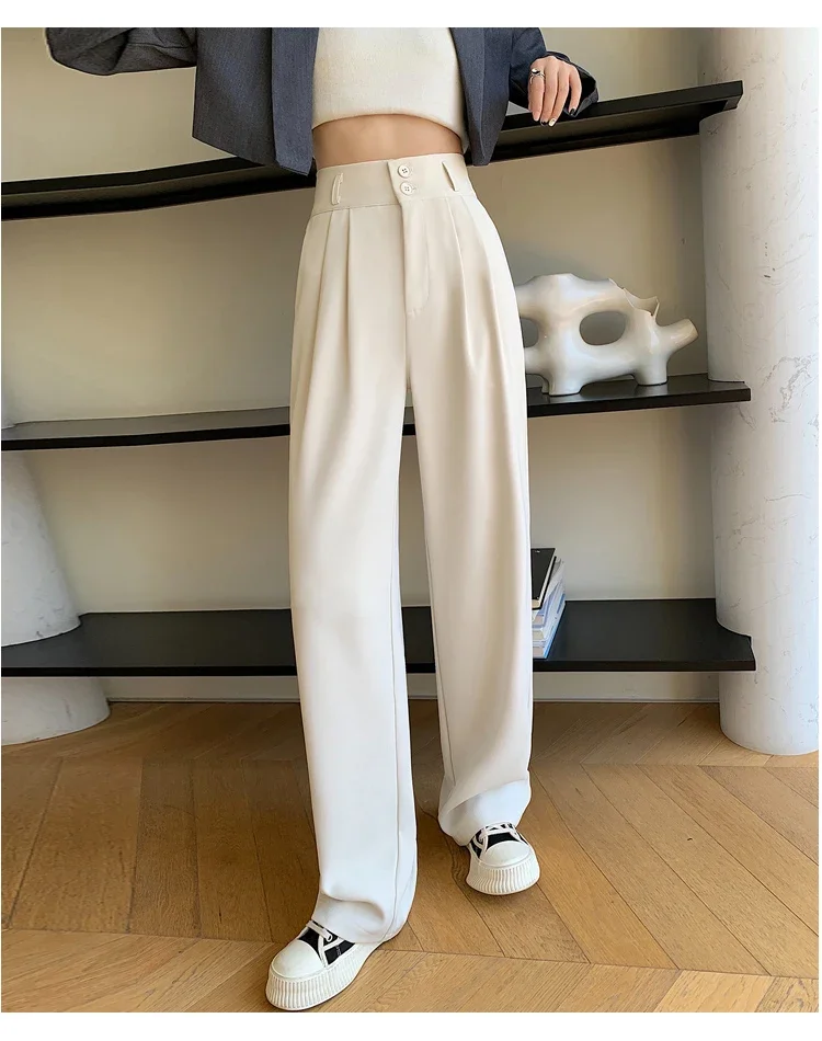 Spring Summer White High Waist Suit Wide Leg Women's Pants Female 2026 New Buttons Elegant Minimalism Straight Loose Trousers