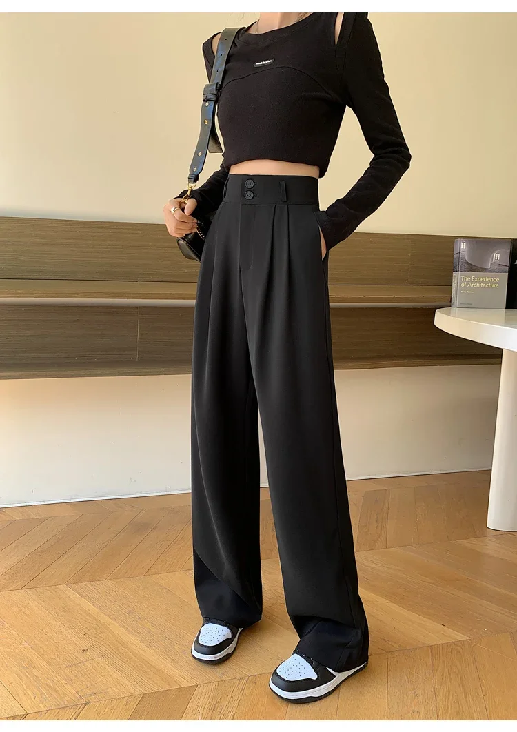Spring Summer White High Waist Suit Wide Leg Women's Pants Female 2026 New Buttons Elegant Minimalism Straight Loose Trousers