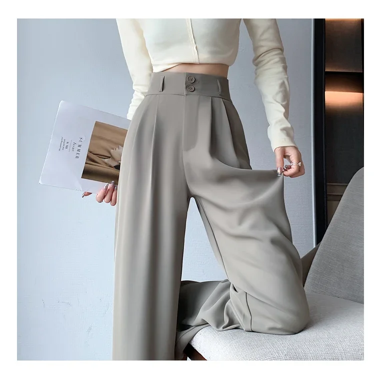 Spring Summer White High Waist Suit Wide Leg Women's Pants Female 2026 New Buttons Elegant Minimalism Straight Loose Trousers