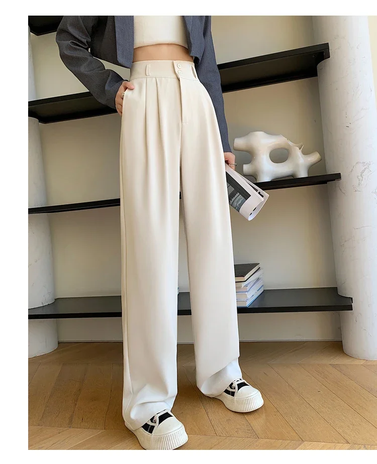 Spring Summer White High Waist Suit Wide Leg Women's Pants Female 2026 New Buttons Elegant Minimalism Straight Loose Trousers