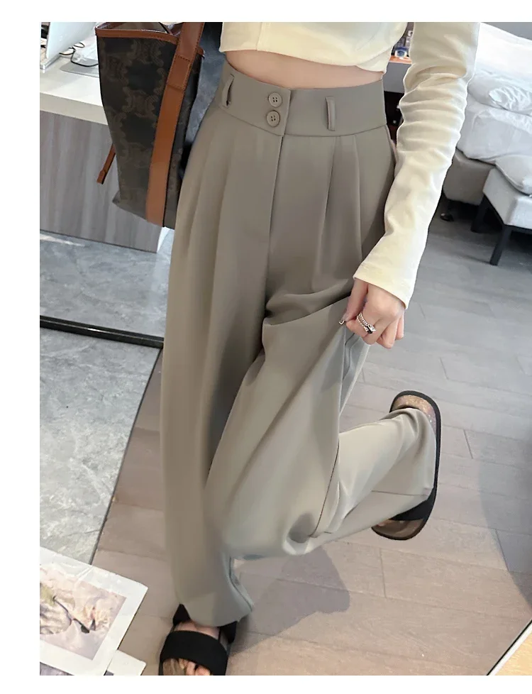 Spring Summer White High Waist Suit Wide Leg Women's Pants Female 2026 New Buttons Elegant Minimalism Straight Loose Trousers