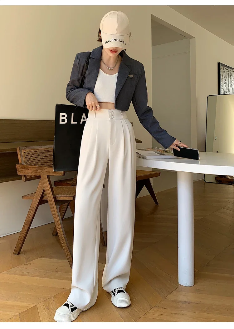 Spring Summer White High Waist Suit Wide Leg Women's Pants Female 2026 New Buttons Elegant Minimalism Straight Loose Trousers